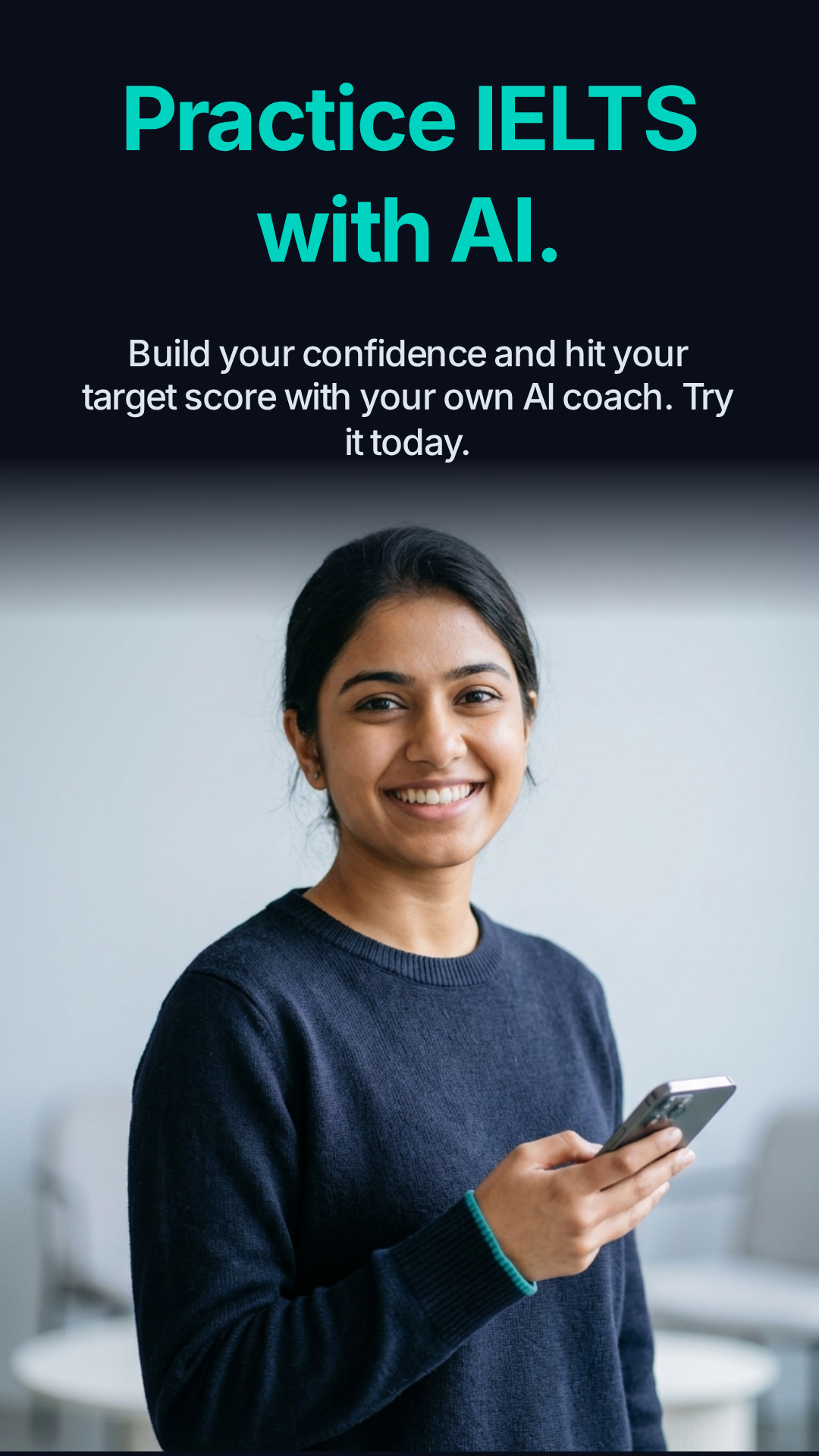 IELTS learner practicing with IELTS AI Coach on a phone.