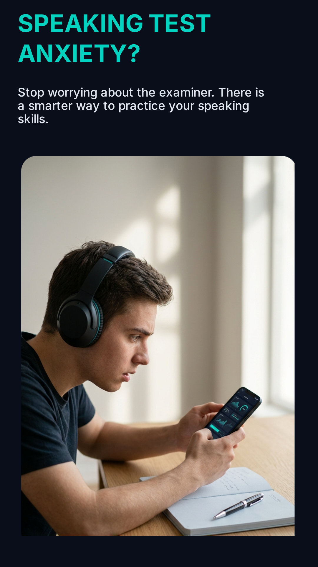 IELTS learner practicing speaking with IELTS AI Coach on a phone.